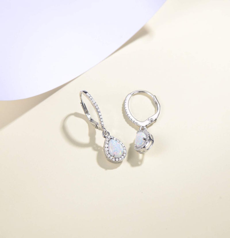 FANCIME Opal Earrings October Birthstone Earrings Sterling Silver Created Fire Opal Halo Cubic Zirconia Leverback French Back Teardrop Earrings Fine Jewelry for Women - Image 3